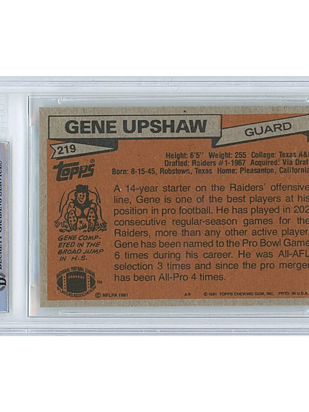 Gene Upshaw Signed 1981 Topps Football Card Beckett Oakland Raiders Autograph